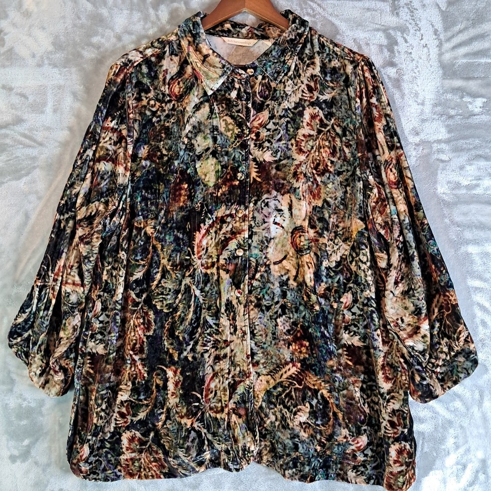 Soft Surroundings 1X Silk Velvet Top Paisley Tapestry Button Up Blouse Plus